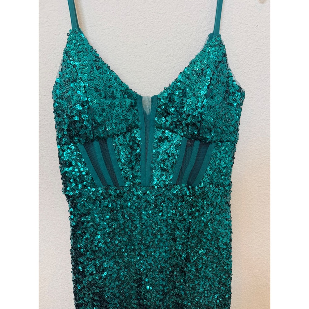 Morgan & Co Teal Sequin Mesh Corset Maxi Dress Formal Prom Gown Side Slit Size 5 - Picture 3 of 10